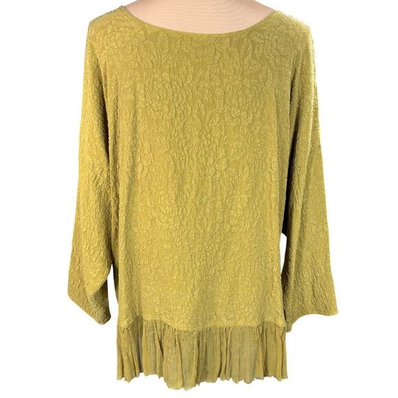 URU Embossed Chartreuse Silk‎ Blouse Chiffon Trim One Size Artisan Made in USA - Picture 2 of 7